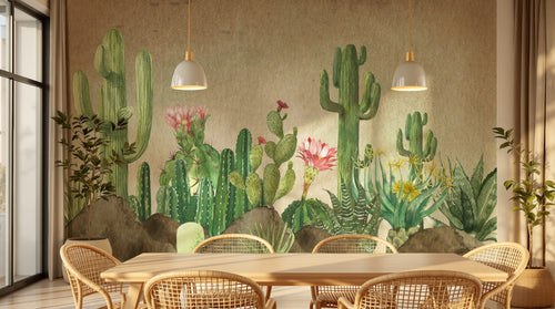 Design ZX0531 — Papier peint Cactus fleurs roses dunes desertiques — Novomur
