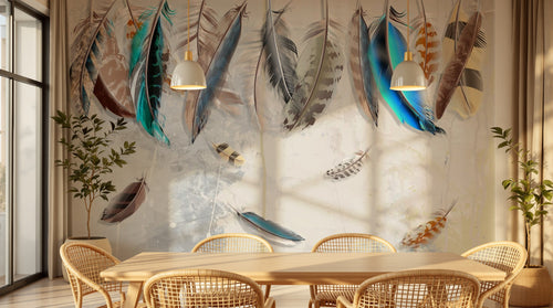 Design ZX0587 — Papier peint Plumes colorees aquarelle beige — Novomur