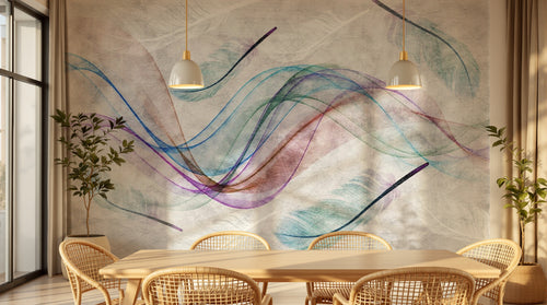 Design ZX0776 — Papier peint Plumes vagues multicolores beige aerien — Novomur