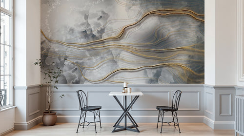 Design SL0614 — Papier peint Marbre liquide lignes dorees nuages gris — Novomur