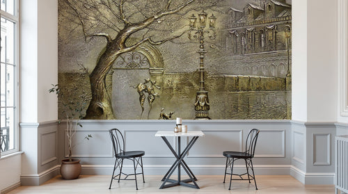 Design SL0658 — Papier peint Relief 3D arbre lampadaire ville beige — Novomur