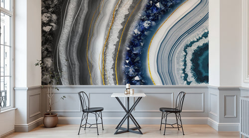 Design SL0794 — Papier peint Agate geode bleu cristaux dorees — Novomur