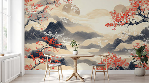 Design A0549 — Papier peint Cerisier Rouge Encre Asiatique — Novomur