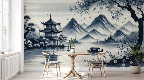 Design F0193 — Papier peint Asie Encre Bleue — Novomur