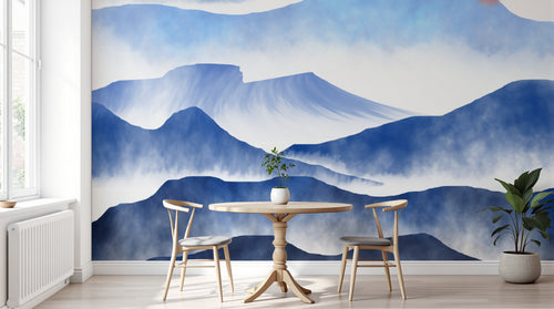Design FC380 — Papier peint Montagnes brume bleu soleil rouge — Novomur