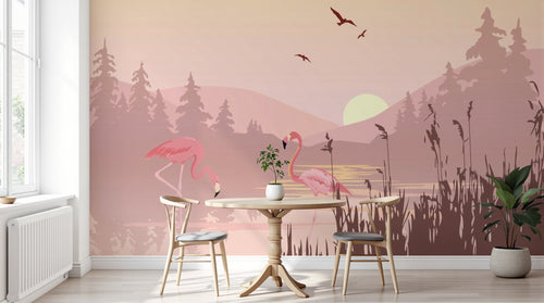 Design SL0060 — Papier peint Flamants roses coucher soleil lac roseaux — Novomur