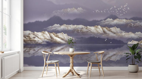 Design SL0063 — Papier peint Montagnes blanches dorees reflet ciel violet — Novomur