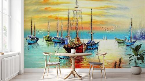 Design SL0622 — Papier peint Voiliers mer coucher soleil peinture — Novomur