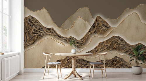 Design SL0789 — Papier peint Montagnes lignes ondulantes dorees taupe — Novomur