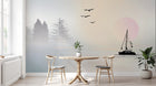Design ZX0418 — Papier peint Voilier lac sapins coucher soleil pastel — Novomur
