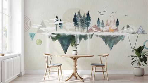 Design ZX0468 — Papier peint Paysage flottant triangles sapins cerf — Novomur