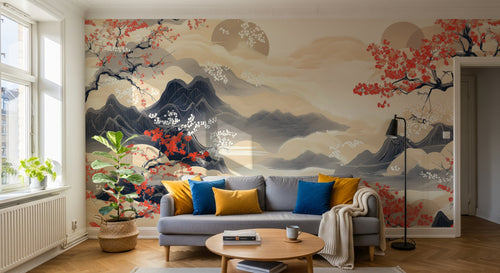 Design A0549 — Papier peint Cerisier Rouge Encre Asiatique — Novomur