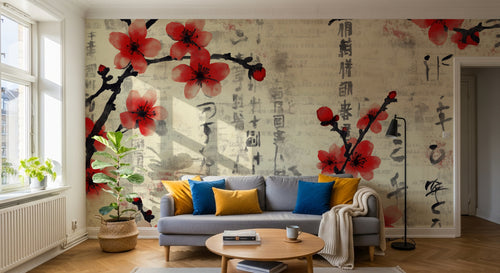 Design A0575 — Papier peint Cerisier Rouge Encre Asiatique — Novomur