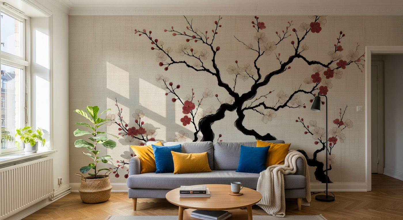 Papier peint Cerisier Gris Perle - Sur mesure - Design A0996