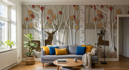 Design FC023 — Papier peint Foret bouleaux automnale cerfs — Novomur