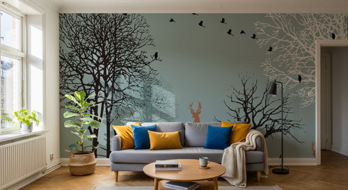 Design FC116 — Papier peint Foret hiver cerfs sautant migration — Novomur