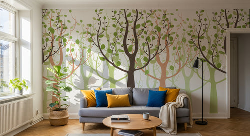 Design FC146 — Papier peint Foret stylisee arbres feuillage rond — Novomur