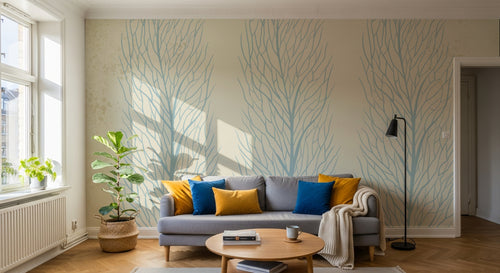 Design FC153B — Papier peint Arbres stylises corail bleu fond beige — Novomur