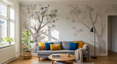 Design FC176 — Papier peint Arbres en fleurs violettes pastel doux — Novomur