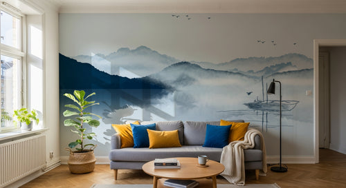Design FC183 — Papier peint Paysage encre asiatique montagnes lac — Novomur