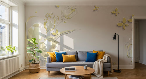 Design FC198 — Papier peint Tulipes dorees papillons fond beige — Novomur