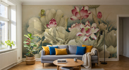 Design FC216 — Papier peint Lotus rose feuilles vert pale chinoiserie — Novomur