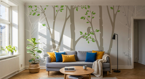 Design FC226 — Papier peint Foret scandinave cerfs et oiseau silhouette — Novomur