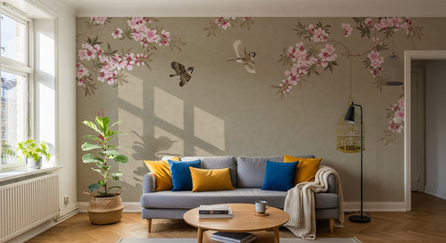 Design FC246 — Papier peint Cerisier en fleurs oiseaux et cage doree — Novomur