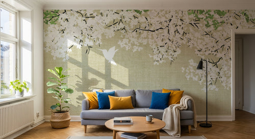 Design FC268 — Papier peint Cascade fleurs blanches vertes colibri — Novomur
