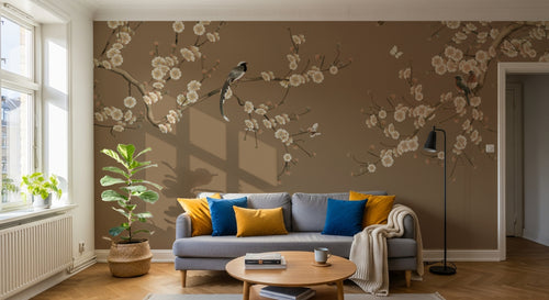 Design FC280 — Papier peint Prunier oiseaux fond taupe chinoiserie — Novomur