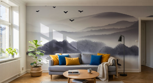 Design FC350 — Papier peint Paysage encre sumi-e montagnes barque — Novomur