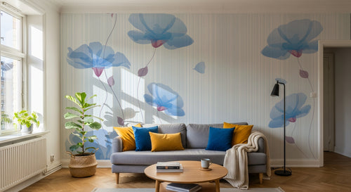 Design FC355 — Papier peint Fleurs bleues transparentes rayures pastel — Novomur