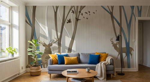 Design FC510 — Papier peint Foret cerfs et oiseaux silhouette beige bleu — Novomur