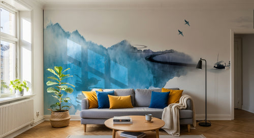 Design FC519 — Papier peint Paysage encre montagne bleue barques — Novomur