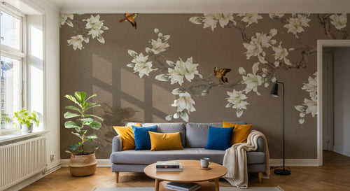 Design FC637 — Papier peint Magnolias blancs et oiseaux fond beige — Novomur