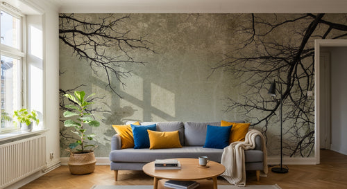 Design L0344 — Papier peint Branches nues fond gris vintage — Novomur