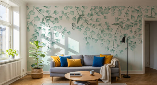 Design L0392 — Papier peint Branches feuilles vert d'eau cascade — Novomur