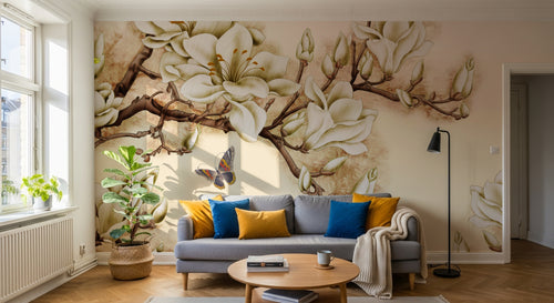 Design L0467 — Papier peint Magnolias blancs et papillon fond beige — Novomur