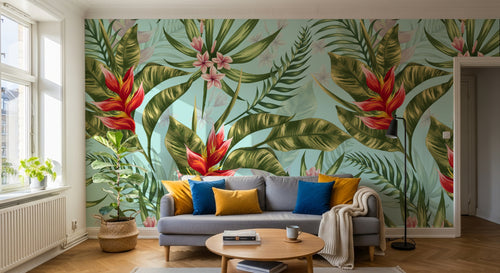 Design L0519 — Papier peint Pattern tropical oiseaux paradis fond bleu — Novomur