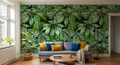 Design L0697 — Papier peint Pattern feuilles palmees vert dense — Novomur