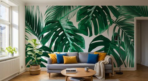 Design L0859 — Papier peint Monstera et palmes vert eclatant fond blanc — Novomur