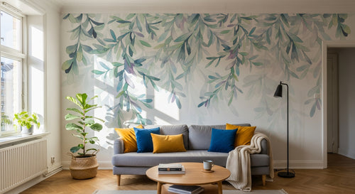 Design L0892 — Papier peint Branches feuilles vert eau cascade pastel — Novomur