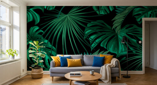 Design L0944 — Papier peint Monstera vert emeraude fond noir — Novomur