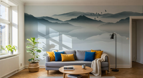 Design L1013 — Papier peint Paysage encre bleue montagnes reflet lac — Novomur