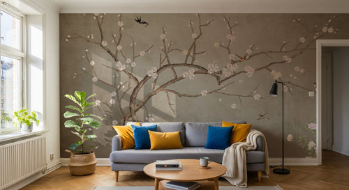 Design L1068 — Papier peint Prunier fleurs roses oiseaux fond taupe — Novomur