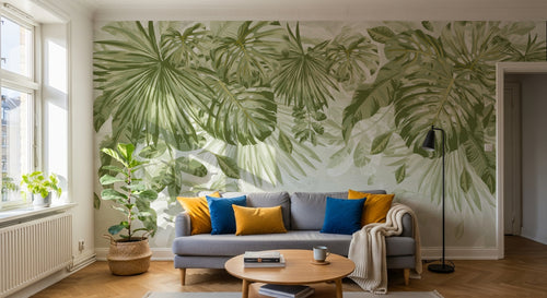 Design L1127 — Papier peint Feuillage tropical sauge fond beige texture — Novomur
