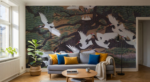 Design SL0002 — Papier peint Grues blanches sous pin peinture asiatique — Novomur
