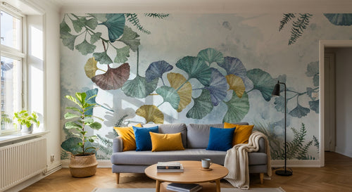 Design SL0008 — Papier peint Ginkgo multicolore aquarelle bleu pale — Novomur