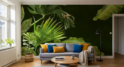Design SL0026 — Papier peint Feuillage tropical fond vert sombre — Novomur