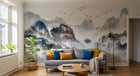 Design SL0032 — Papier peint Paysage encre bleu marron montagnes lac — Novomur